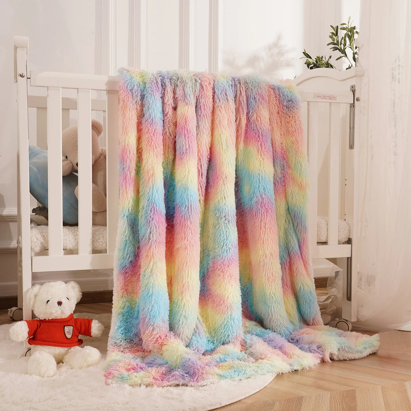 Soft Rainbow Fluffy Plush Blanket for Babies and Kids