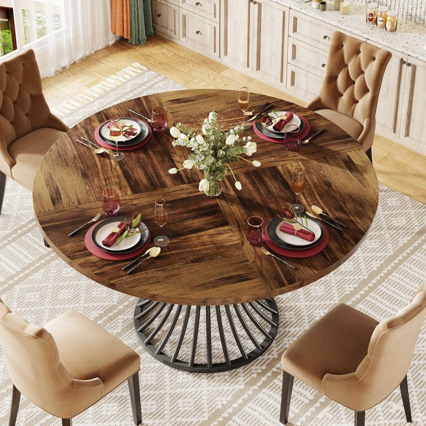 Round 47-inch Farmhouse Dining Table for 4-6 People