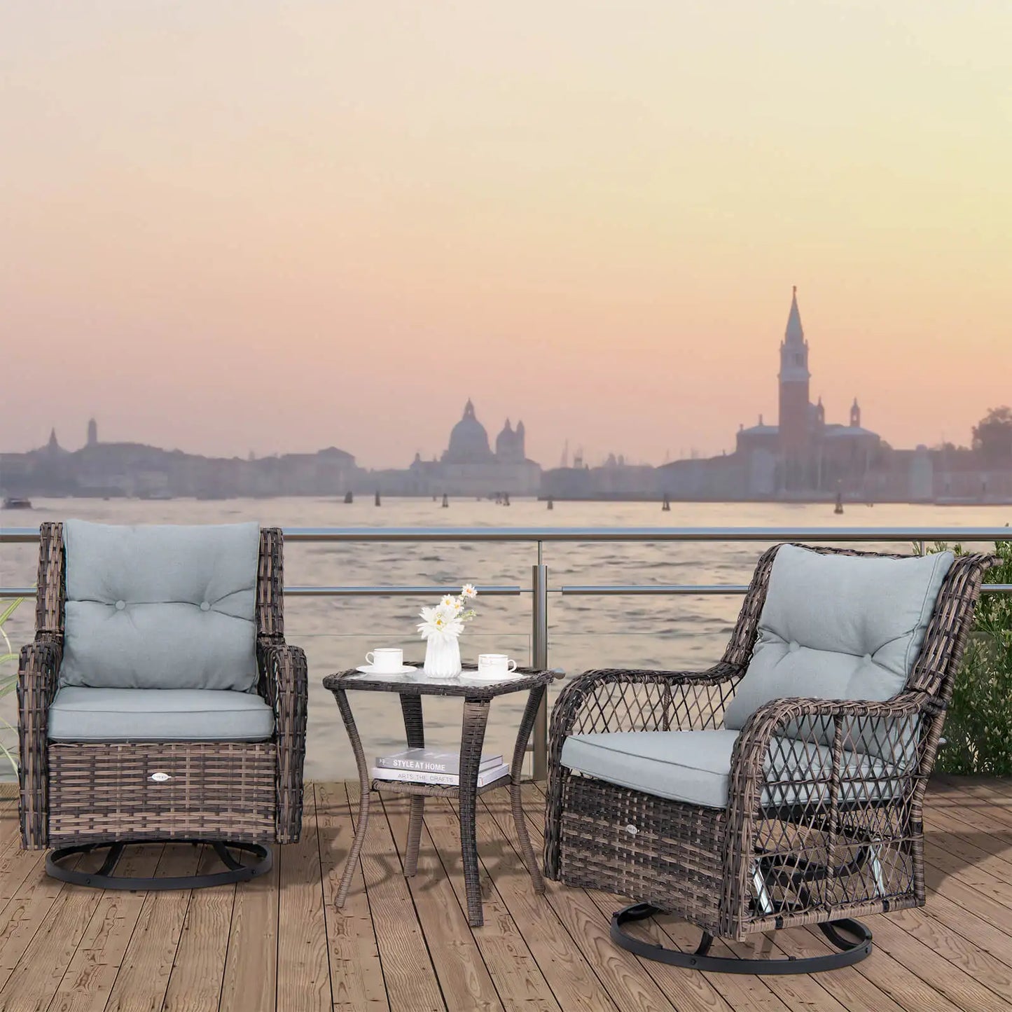 3 PCS Patio Rocking Chairs with Glass Side Table