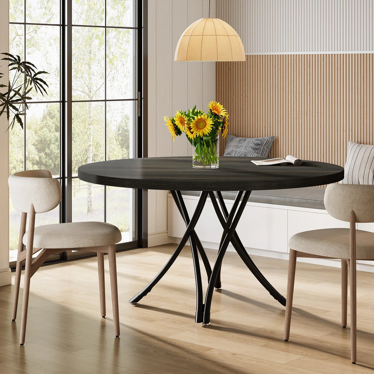Round Dining Table, 46-Inch Wood Table with Sturdy Metal Base