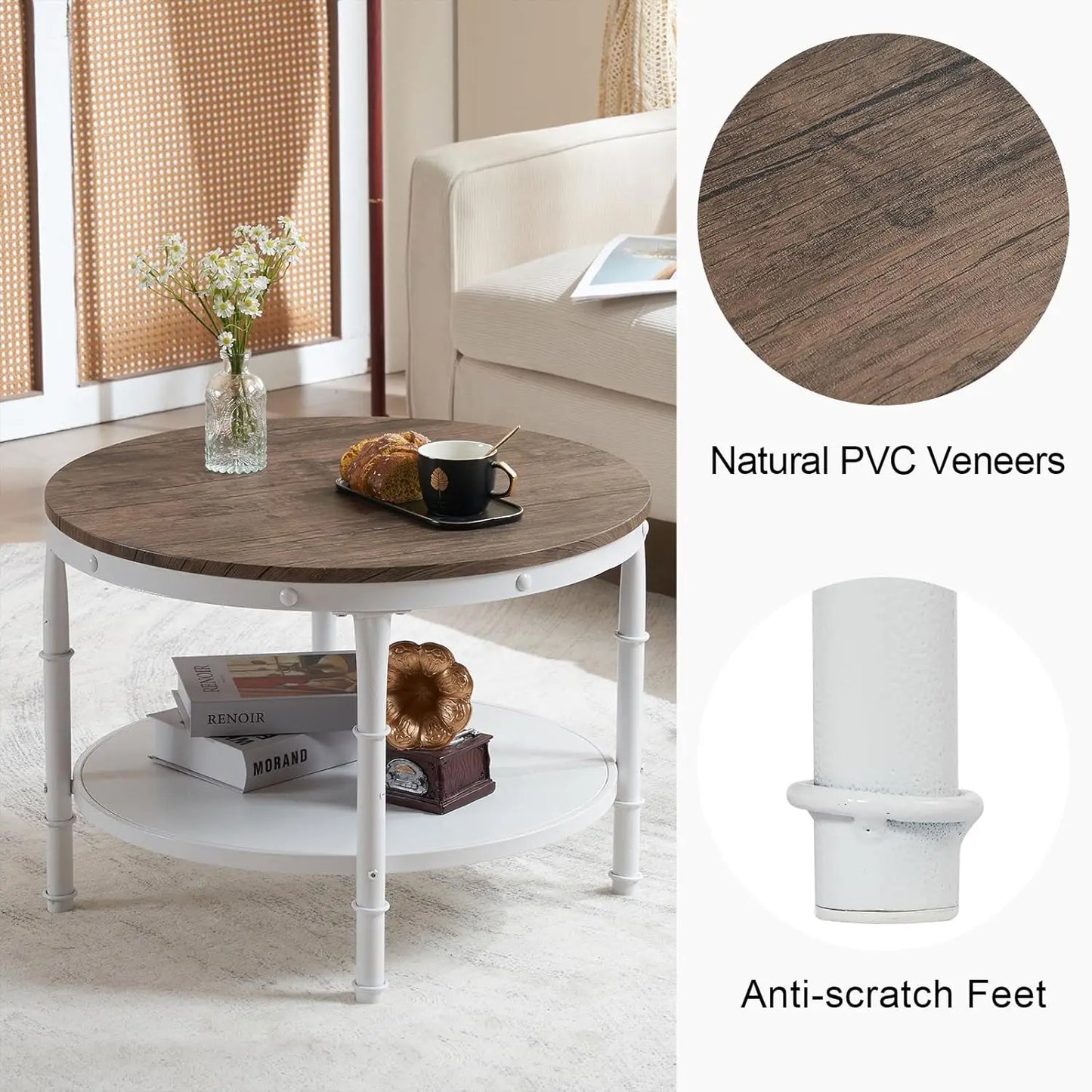 2-Tier Storage Walnut, White Center Circle Accent Table