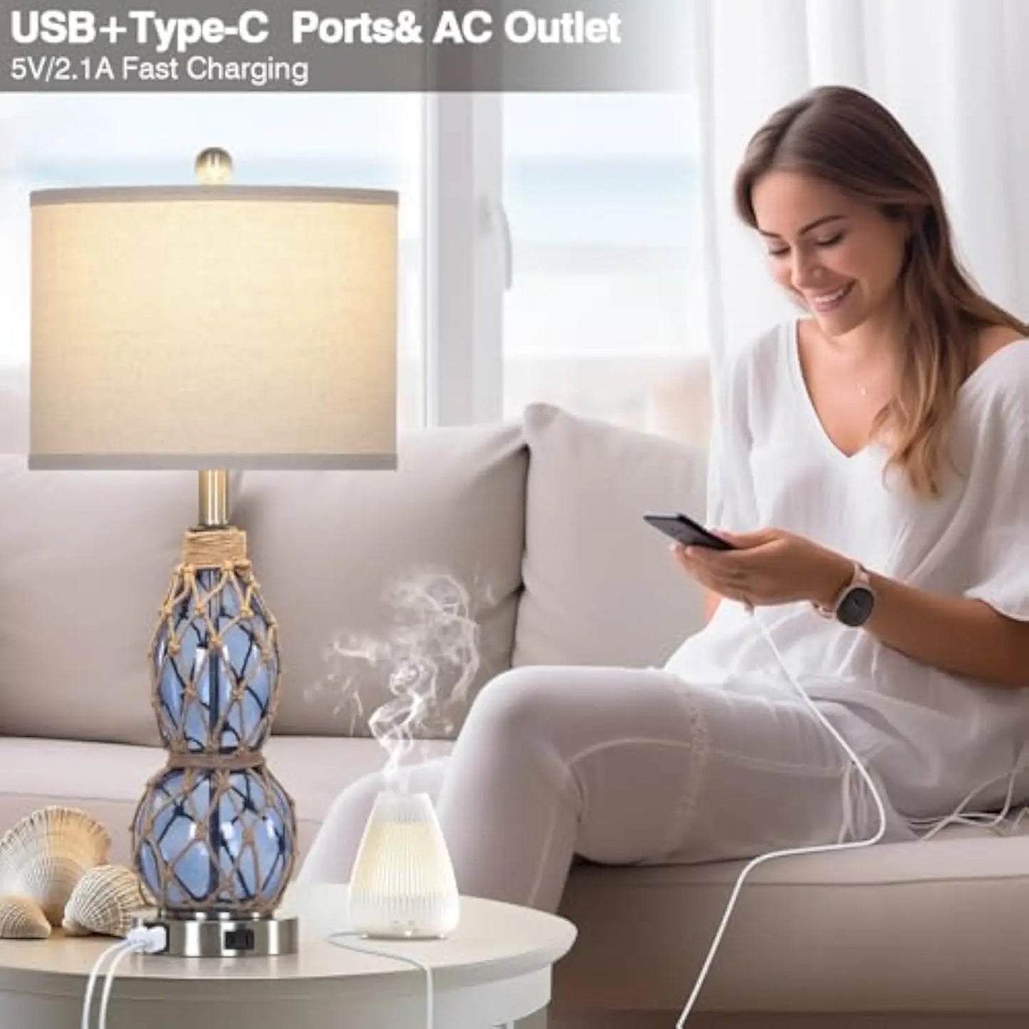 26" Set of 2 Coastal Glass Table Lamps, Dimmable, USB Ports