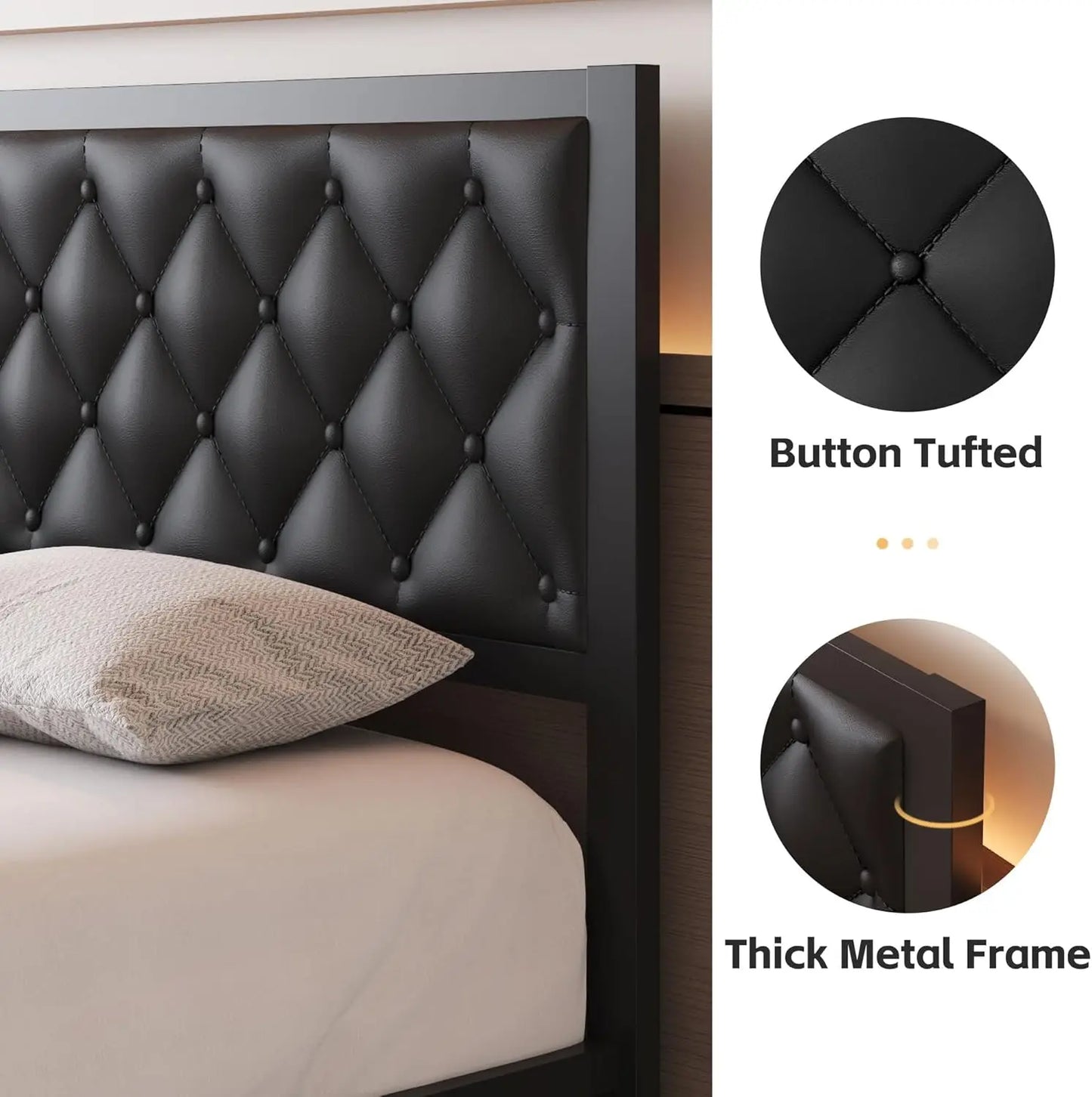 Queen Bed Frame with Leather Upholstered Headboard, Metal Slats