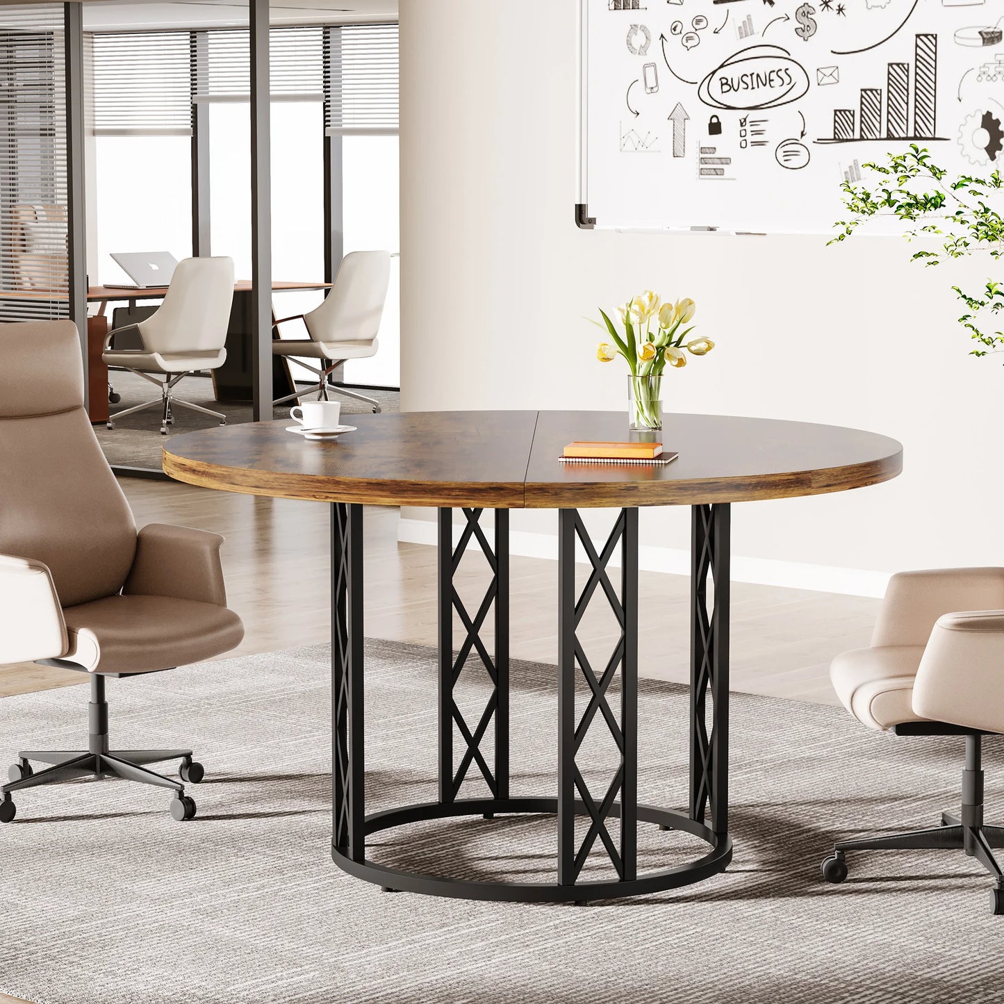 Round Dining Table, 46-Inch Wood Table with Sturdy Metal Base