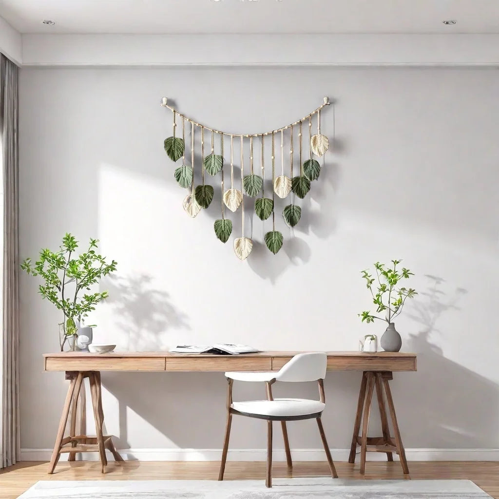 Boho Macrame Leaf Feather Tapestry Wall Hanging