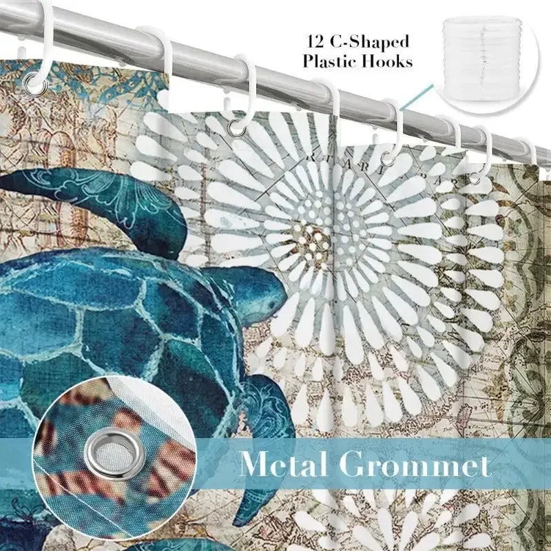 Nautical Sea Turtles Fabric Shower Curtain, Grommets and Hooks