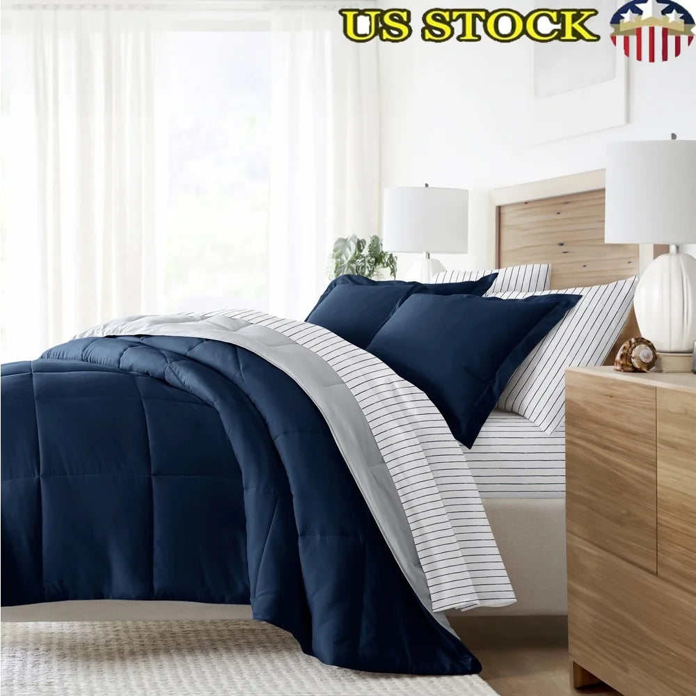 7 Piece Reversible Queen Comforter Set, Patterned Sheets