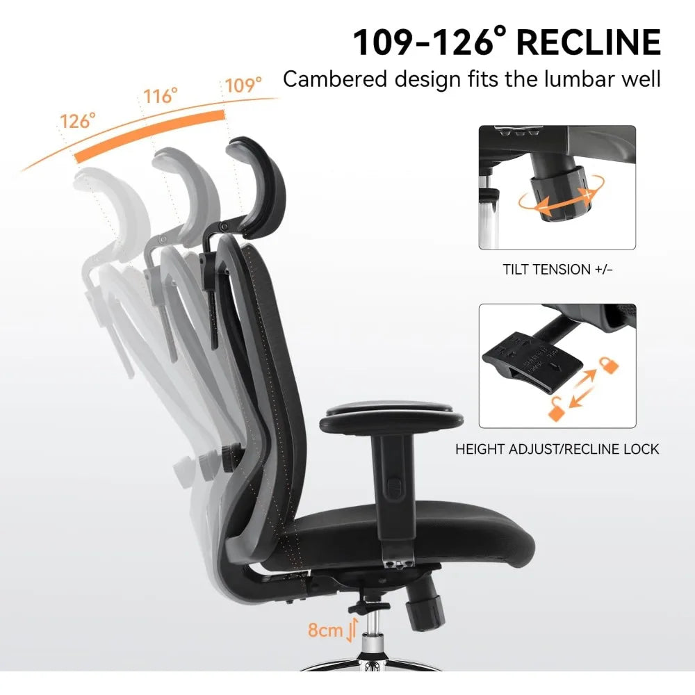 Ergonomic Chair, Lumbar Support, Thick Cushion, Armrest and Headrest,