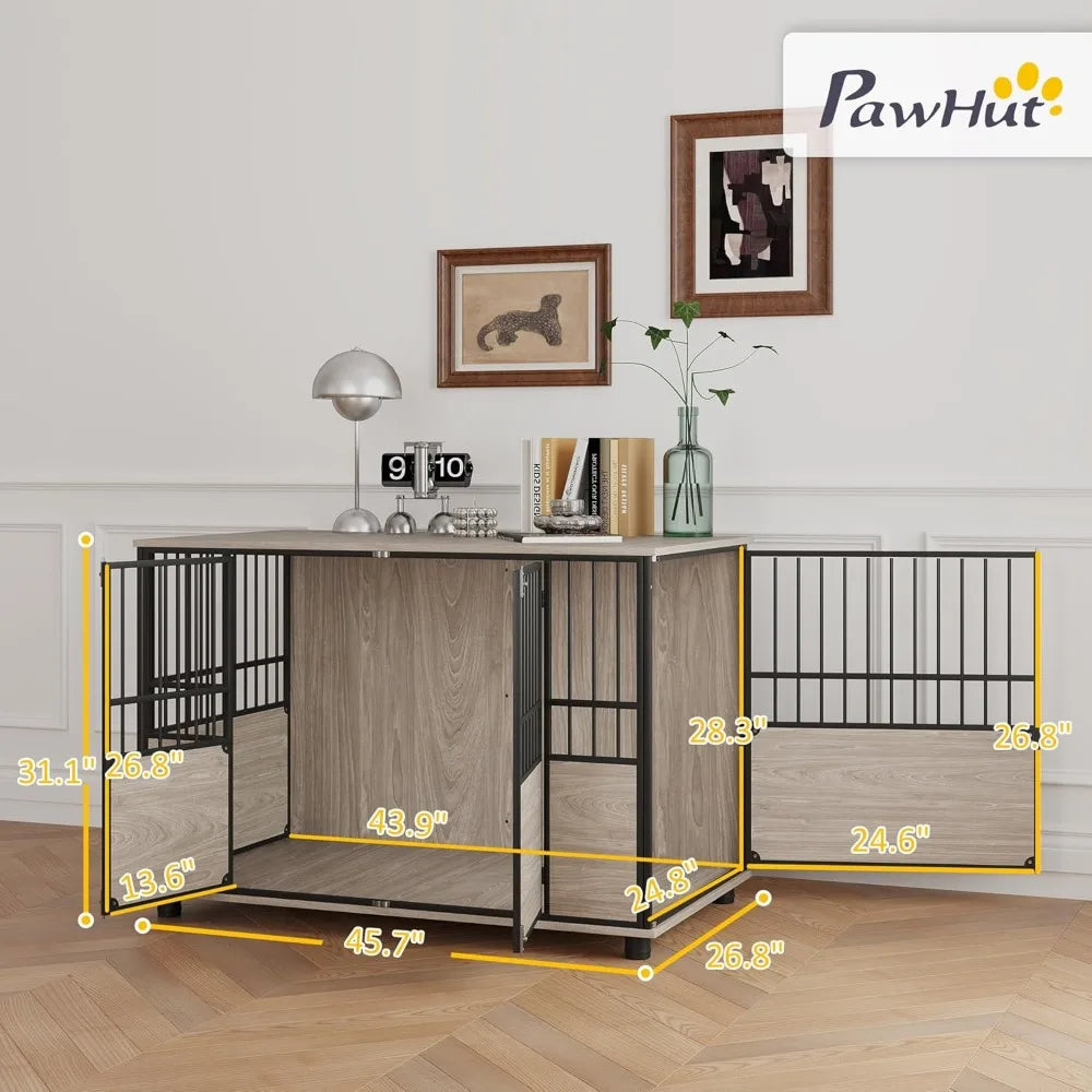 Dog Crate/Table Furniture, 46", Double Doors, Walnut Wood