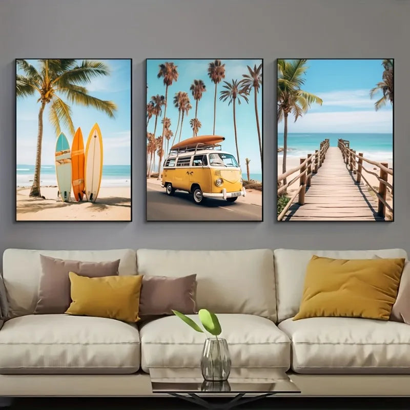 3 Pieces Framed Beach Surfing Summer Travel Canvas Prints. 8 Sizes