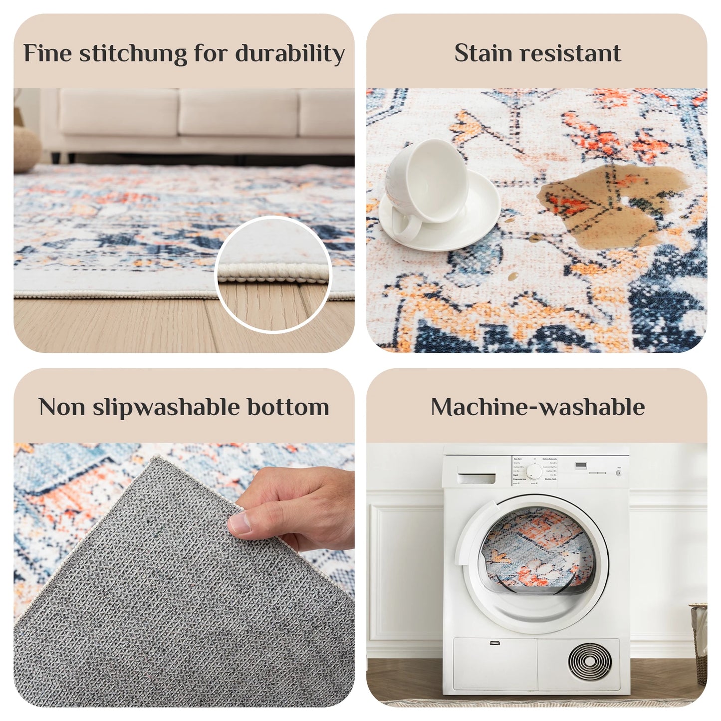 Orhopui vintage boho design, washable, non-slip rugs