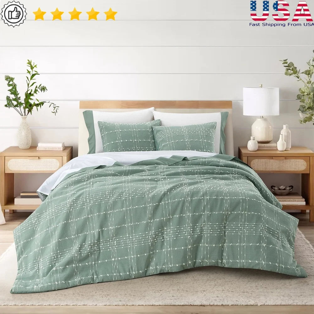 7 Piece Queen Green Plaid Bed Comforter Set, Hypoallergenic