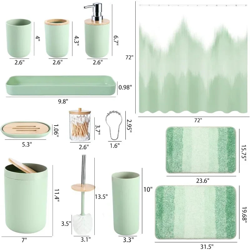 Green Bathroom Sets with Shower Curtain, Rug and Accessories