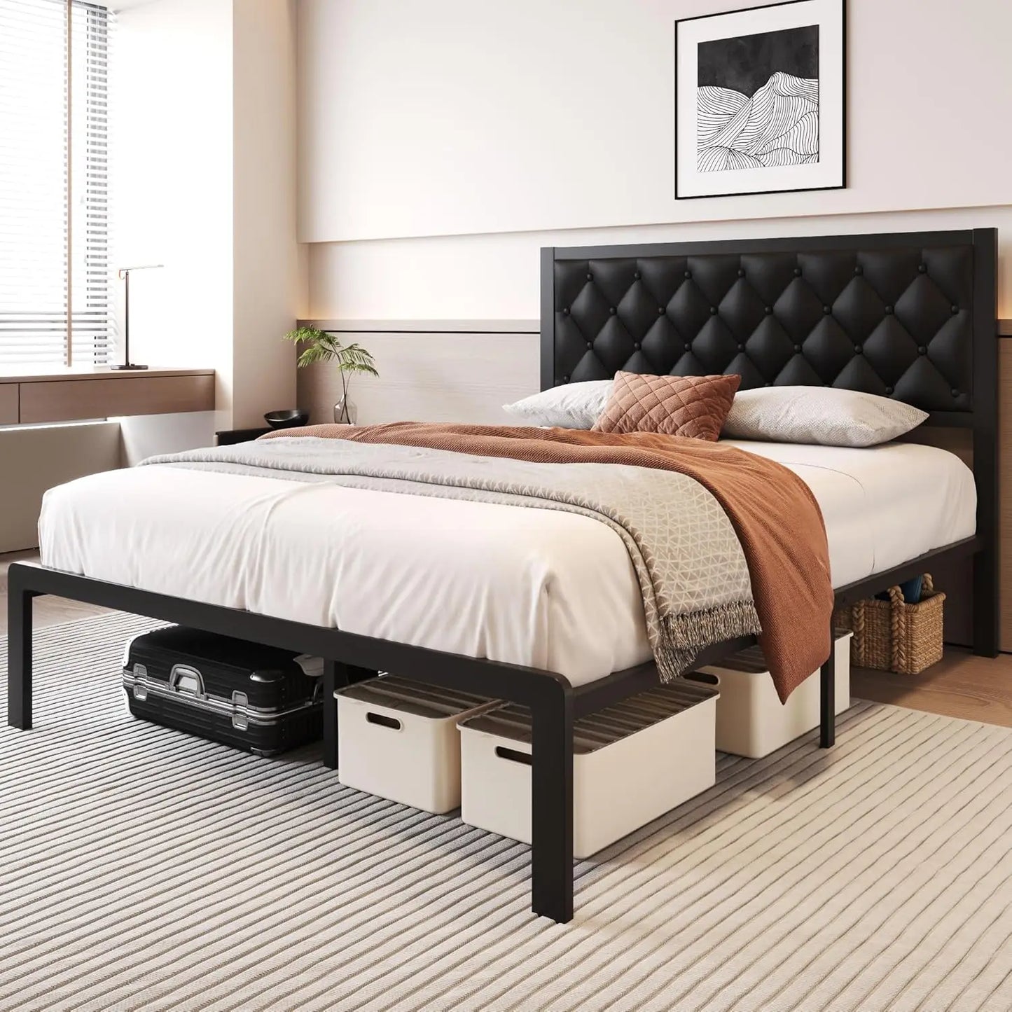 Queen Bed Frame with Leather Upholstered Headboard, Metal Slats