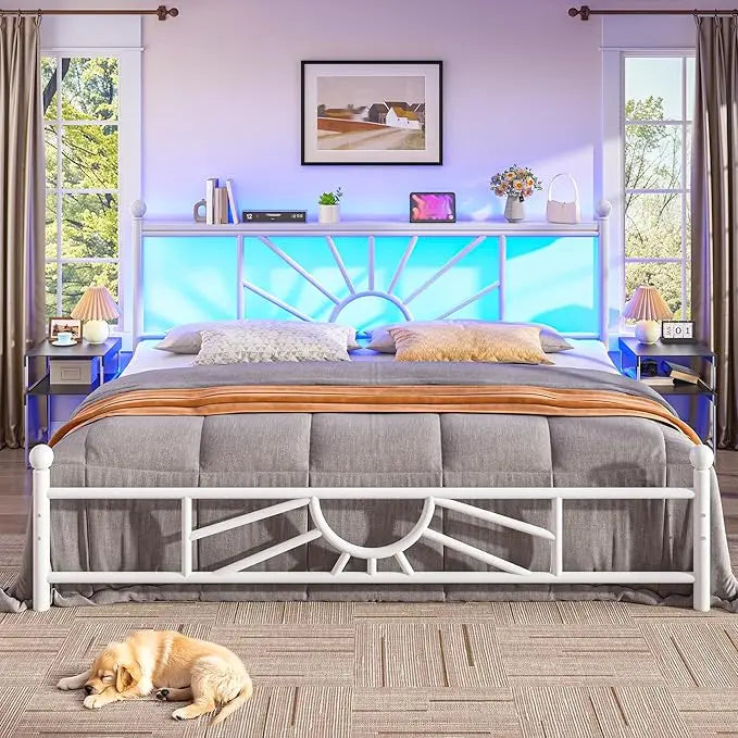 Metal King Bed Frame, Head and Footboard, LED Light