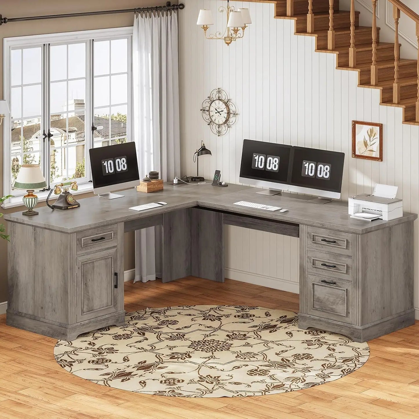 Farmhouse 69" L Shaped Desk, Drawers, Storage & Power Outlet
