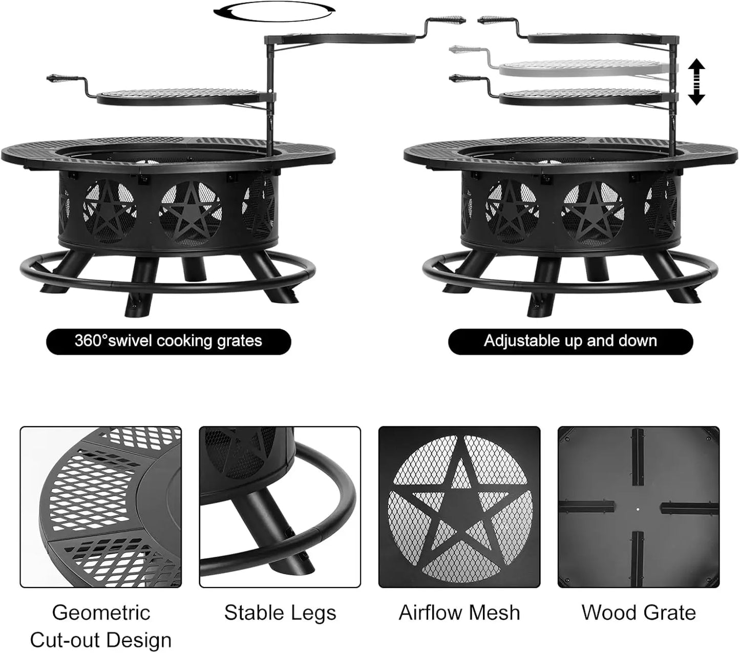 36 Inch Fire Wood Burning Pit with 2 Grills, Lid & Poker