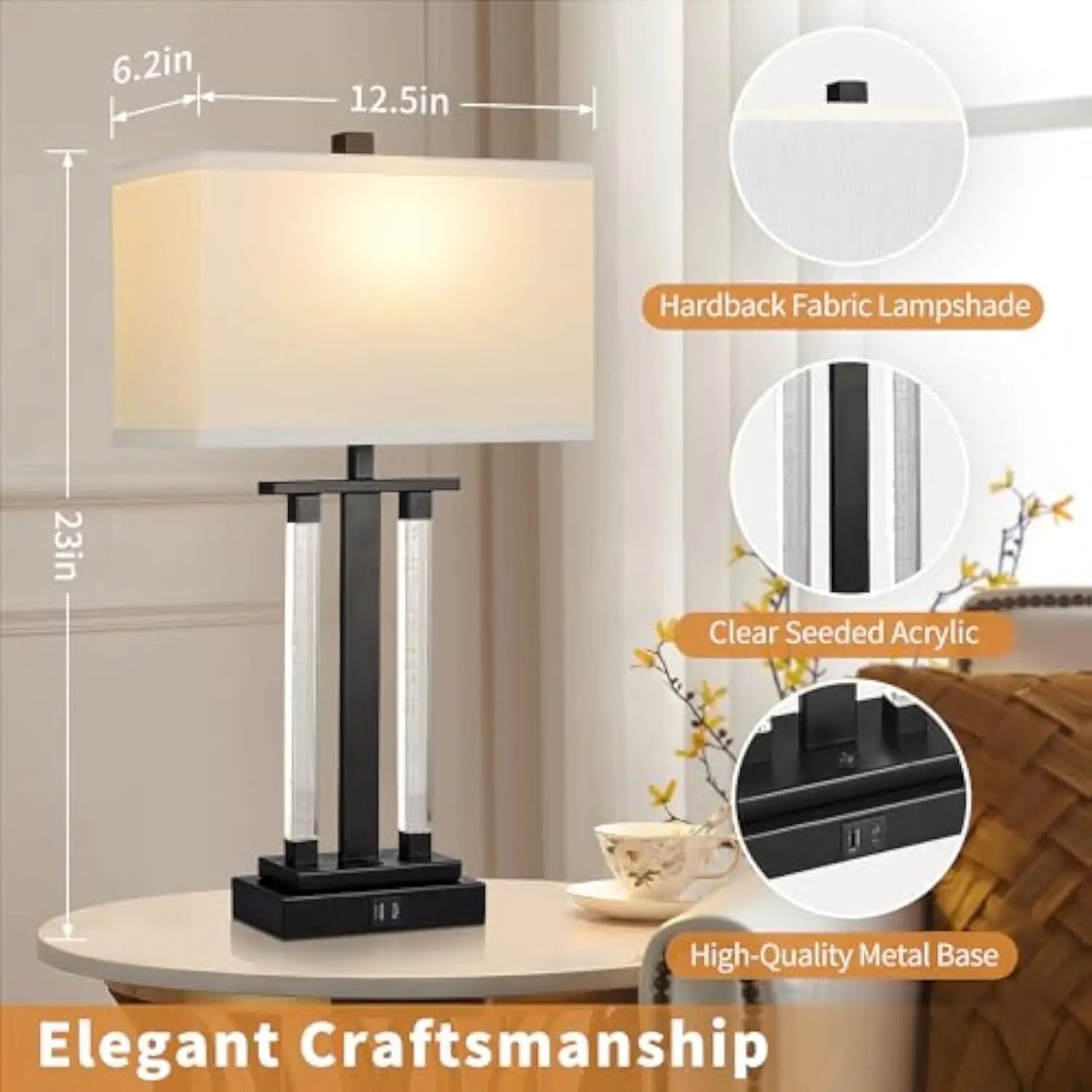 Modern Table Lamps Set of 2, 3 Way Lighting Modes With USB Charging Port