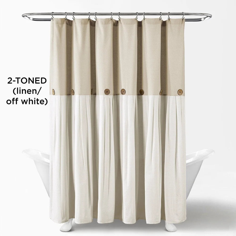 Linen Button Shower Curtain, Two-Tone, Pleated, 72x72