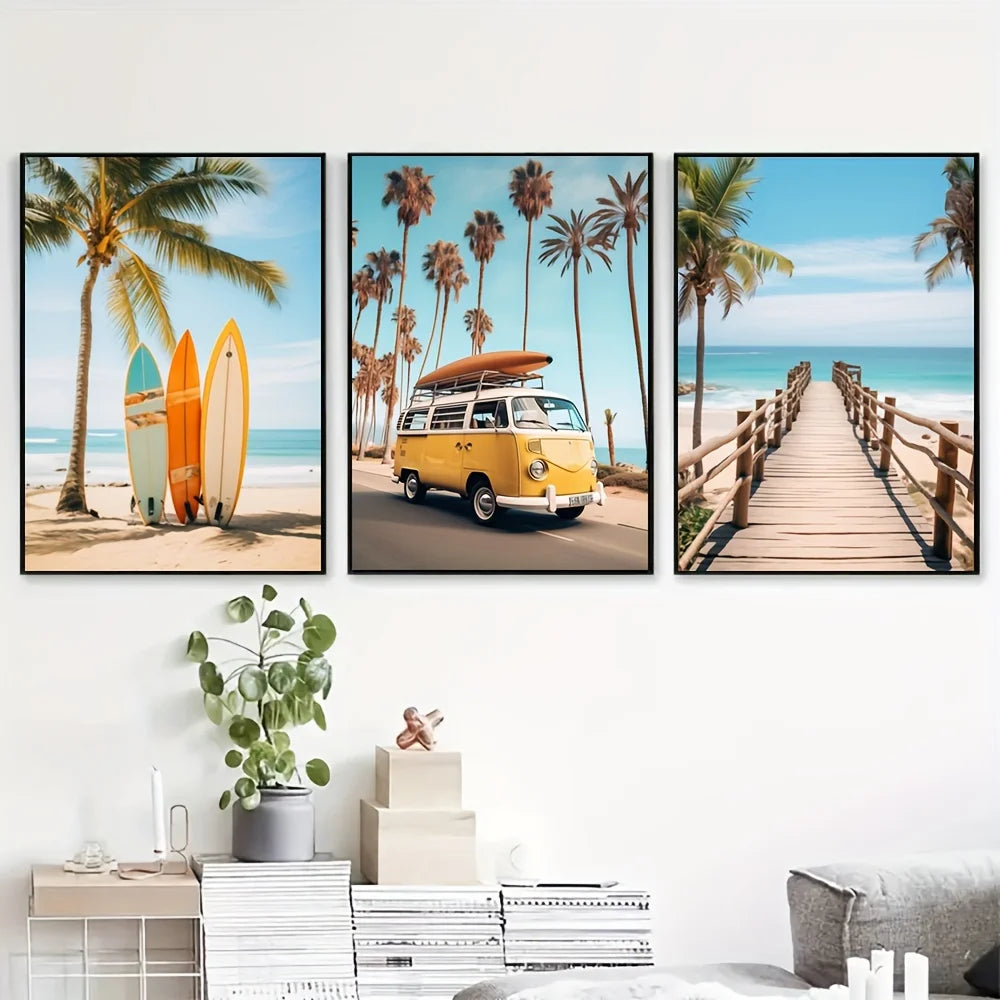 3 Pieces Framed Beach Surfing Summer Travel Canvas Prints. 8 Sizes
