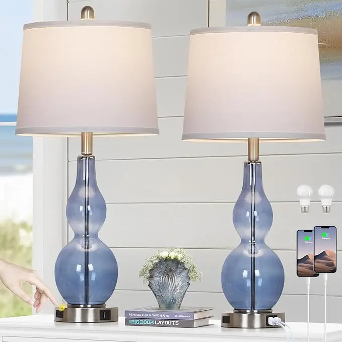 26" Set of 2 Coastal Glass Table Lamps, Dimmable, USB Ports