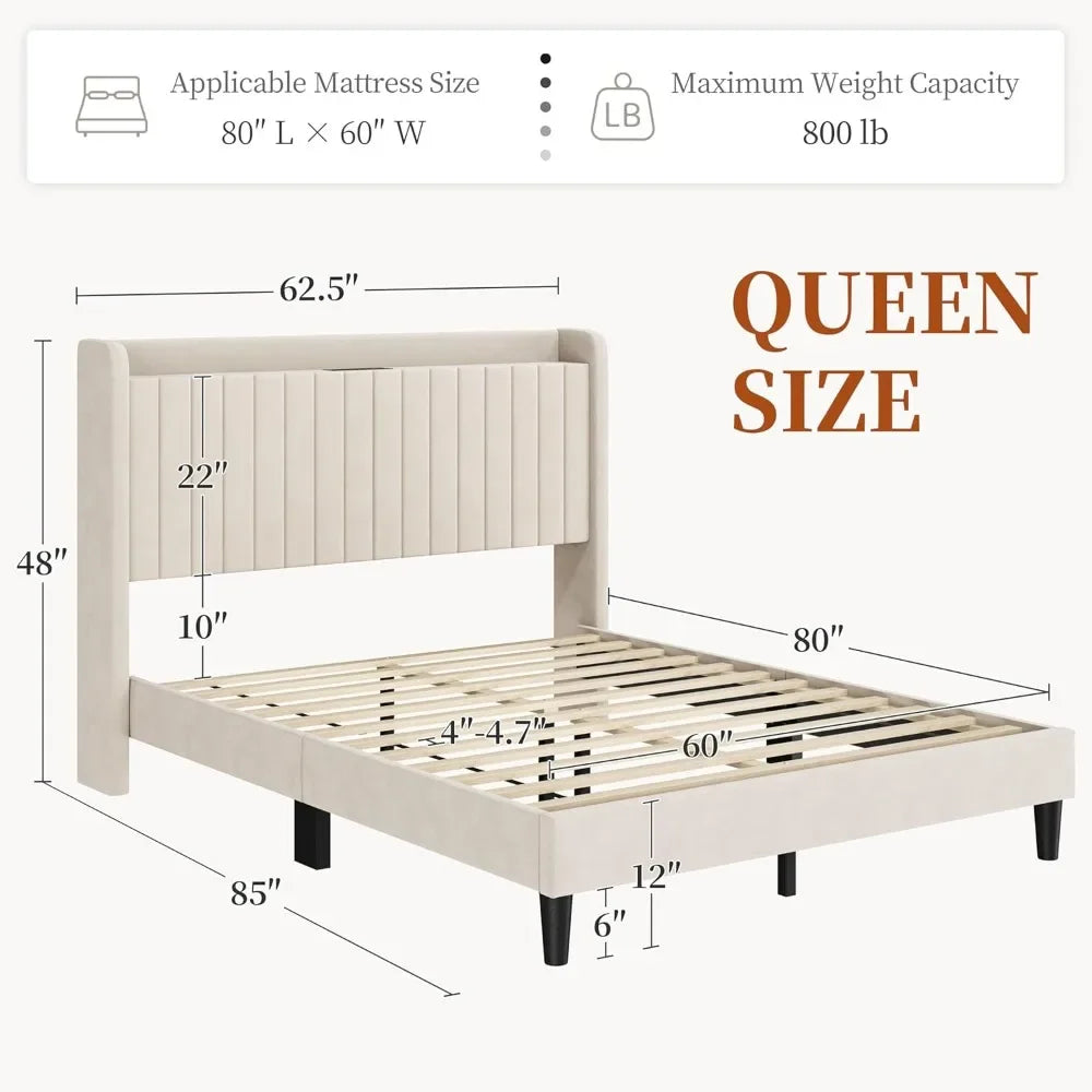 Upholstered Headboard Queen Bed Frame with Charing Station and Storage Shelf