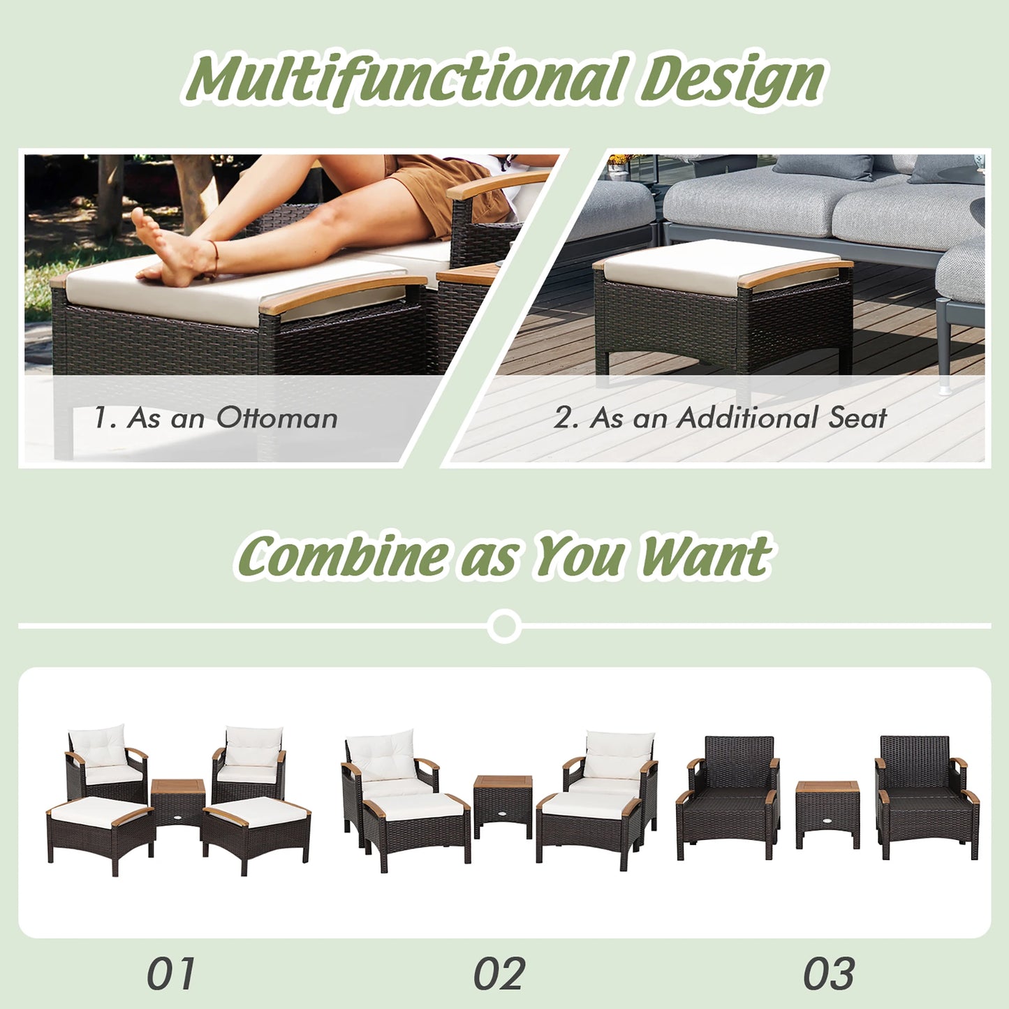 5PCS Patio Rattan Furniture Set Sofa Ottoman Table