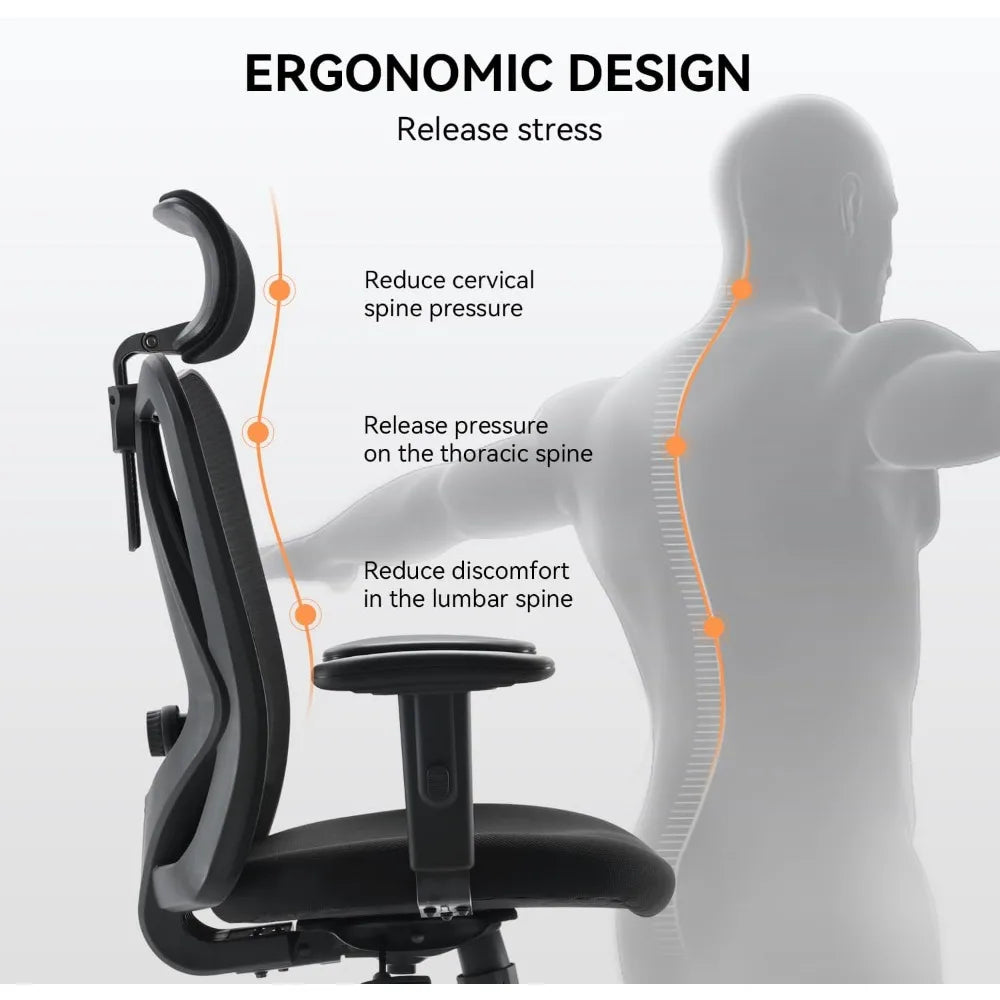 Ergonomic Chair, Lumbar Support, Thick Cushion, Armrest and Headrest,