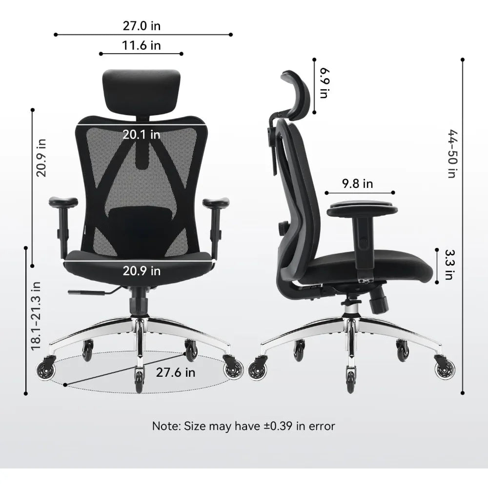Ergonomic Chair, Lumbar Support, Thick Cushion, Armrest and Headrest,