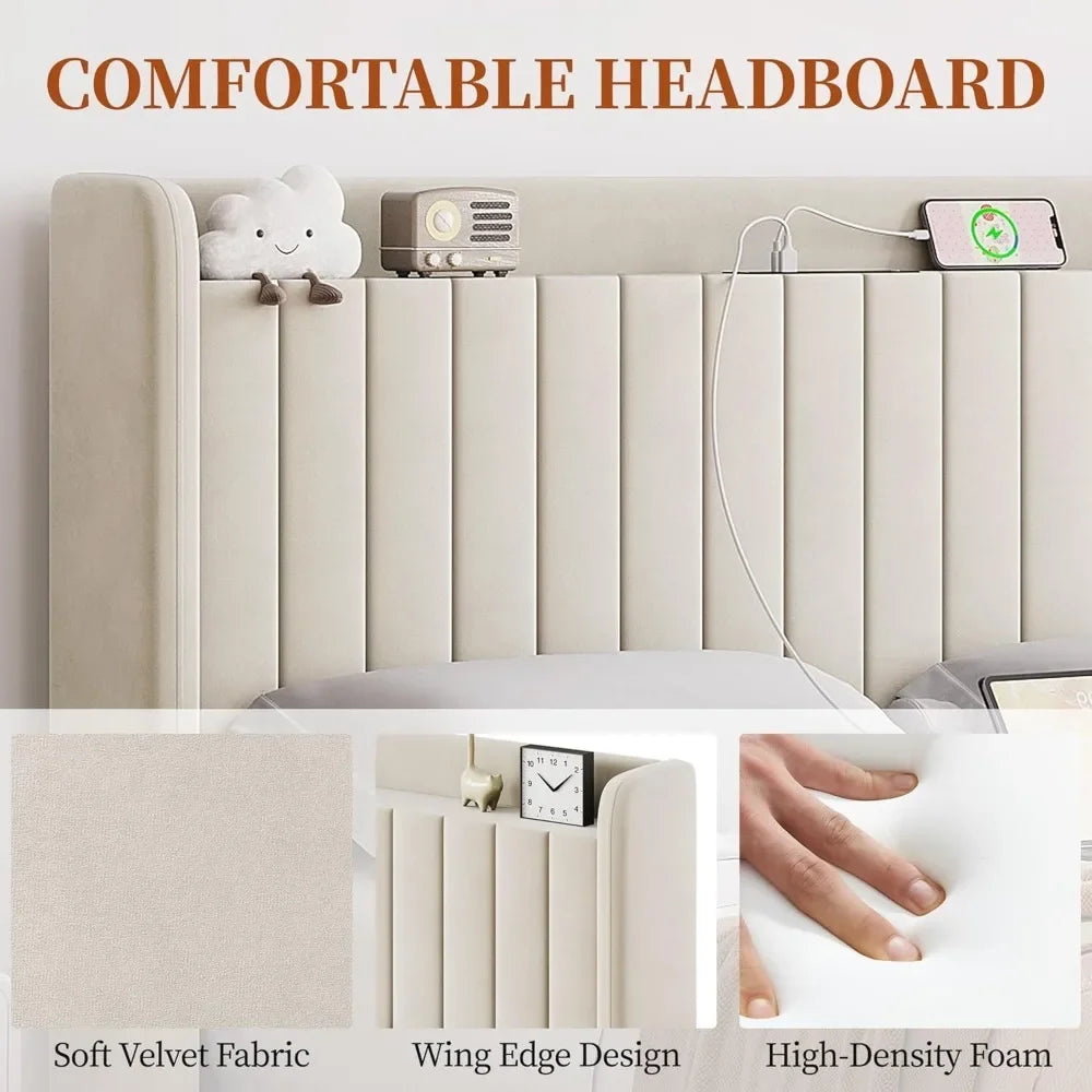 Upholstered Headboard Queen Bed Frame with Charing Station and Storage Shelf