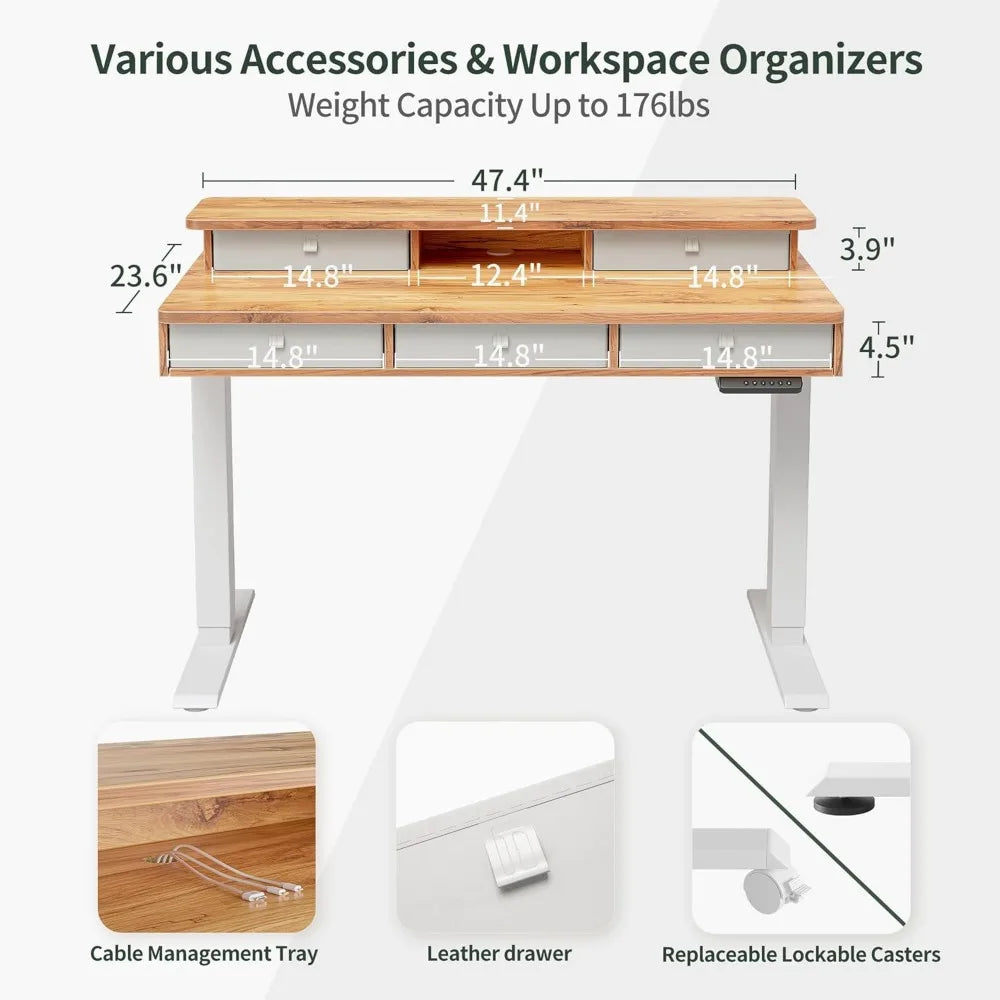 Sit, Stand Adjustable Desk, 5 Drawers, Storage Shelf