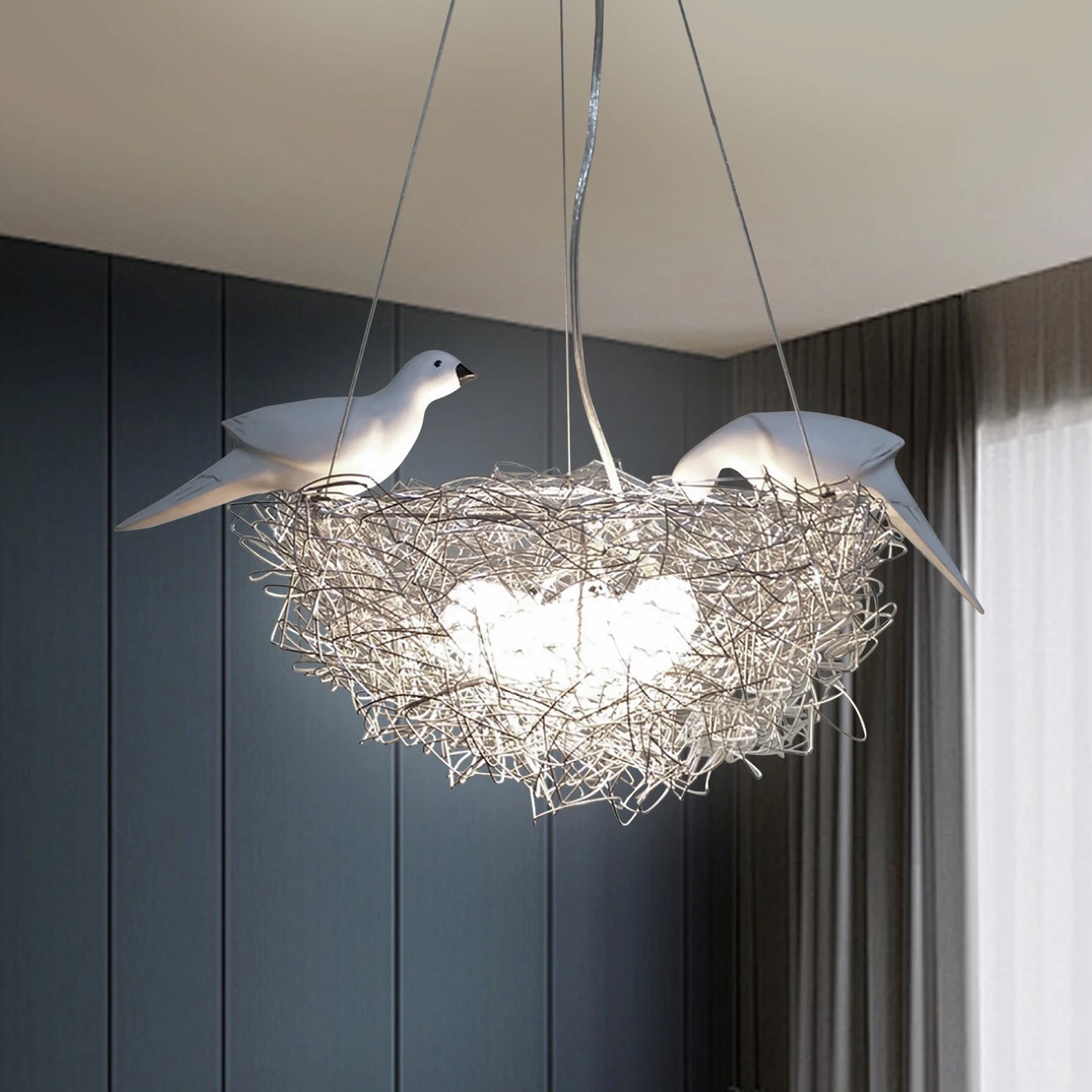 5 Light Woven Nest With Bird Accents Chandelier