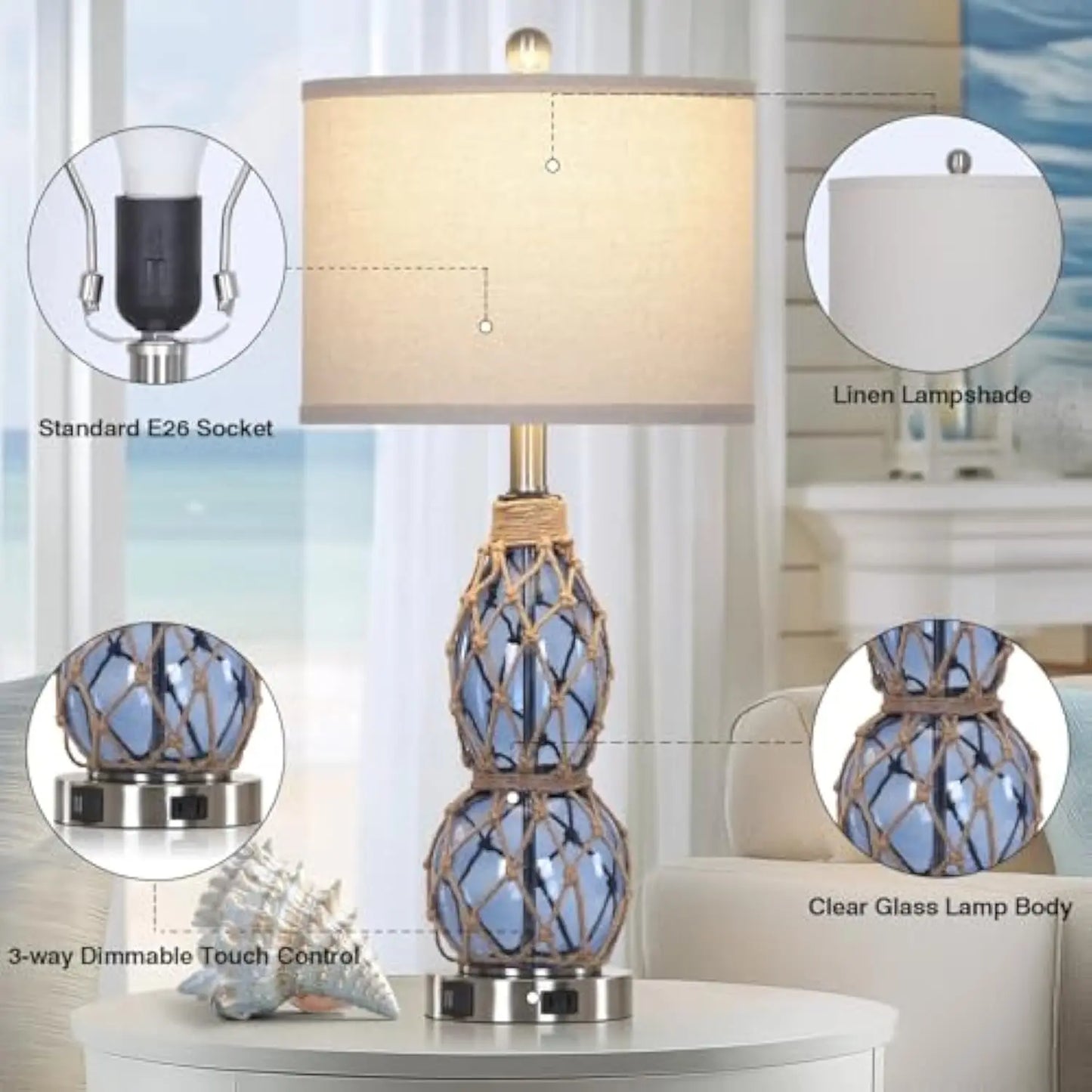 26" Set of 2 Coastal Glass Table Lamps, Dimmable, USB Ports