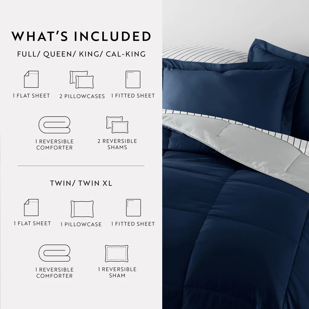 7 Piece Reversible Queen Comforter Set, Patterned Sheets