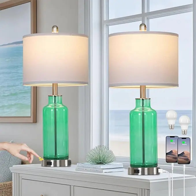 26" Set of 2 Coastal Glass Table Lamps, Dimmable, USB Ports