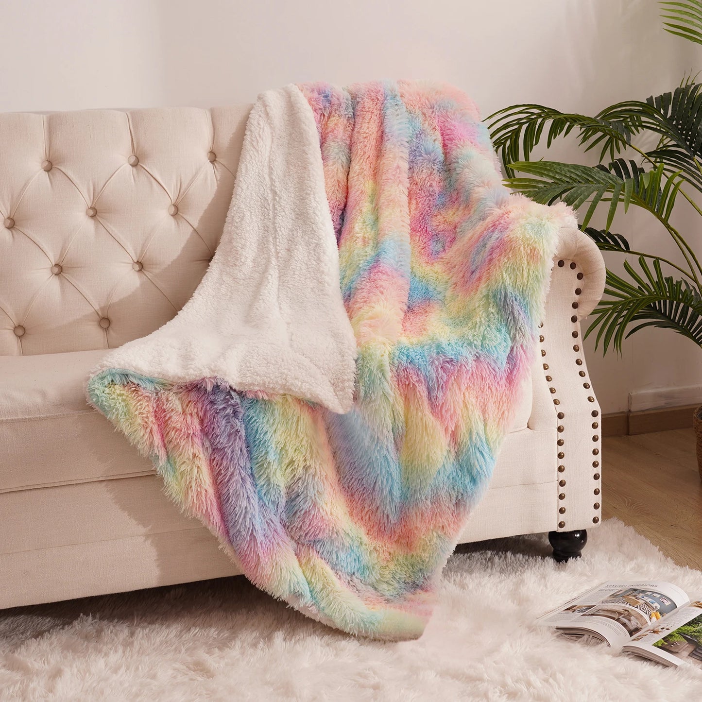 Soft Rainbow Fluffy Plush Blanket for Babies and Kids