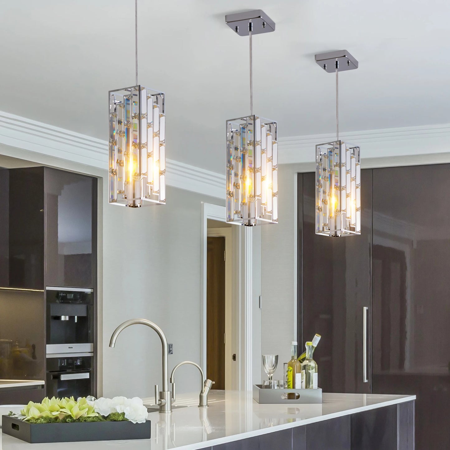 Modern Adjustable Crystal & Chrome Pendant Light - 3 Pack