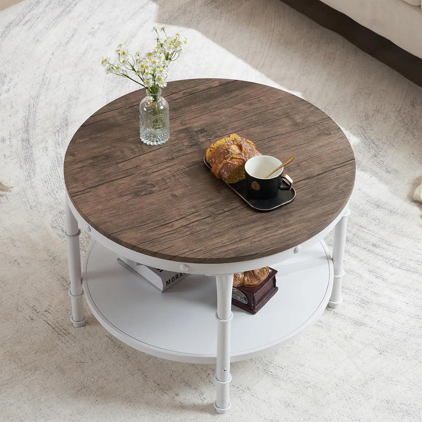 2-Tier Storage Walnut, White Center Circle Accent Table