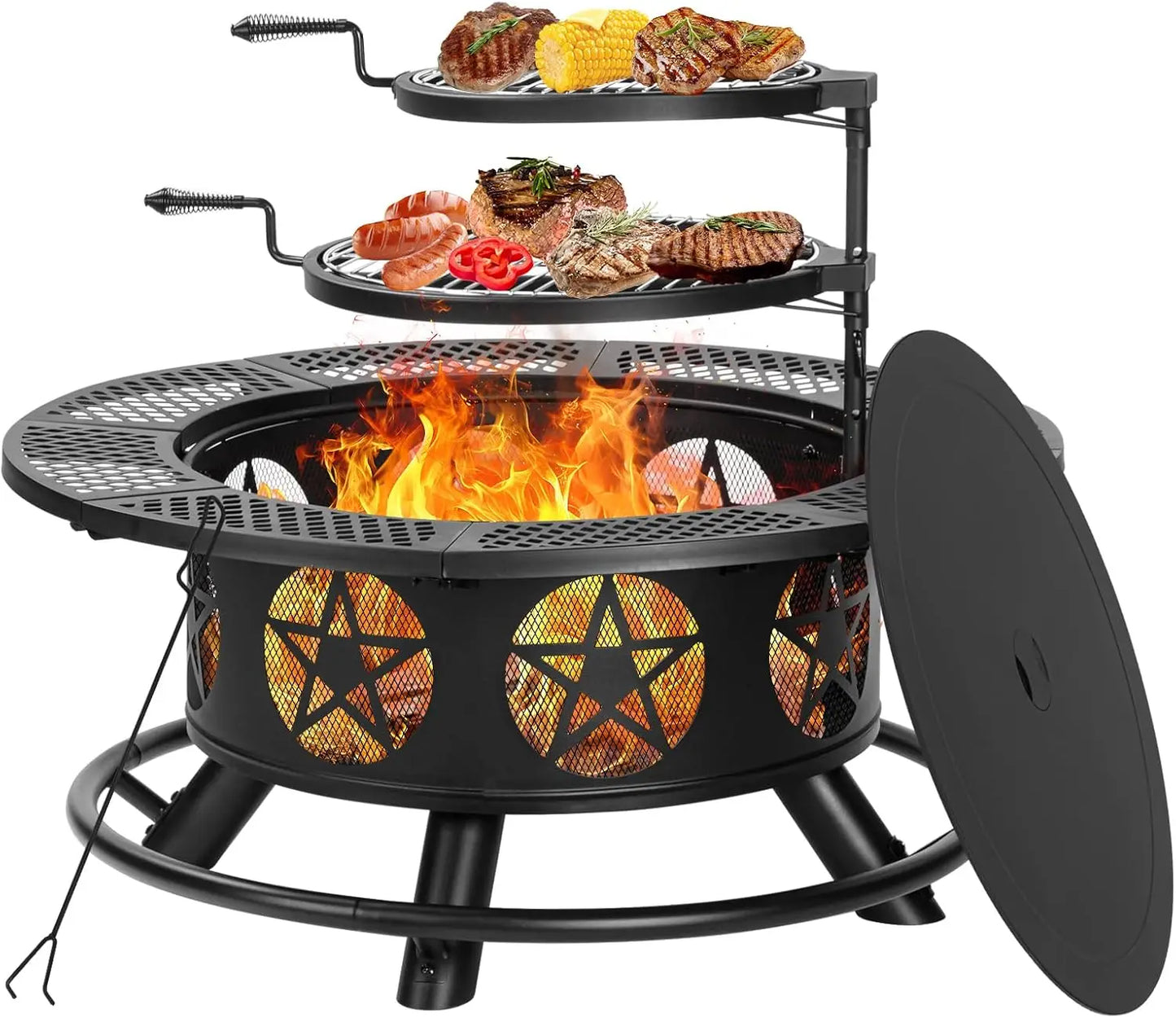 36 Inch Fire Wood Burning Pit with 2 Grills, Lid & Poker