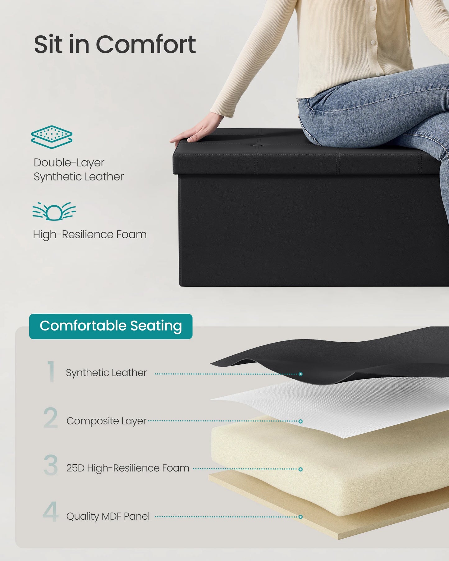 43" Folding Padded Storage, Bench, Footrest, Faux Leather