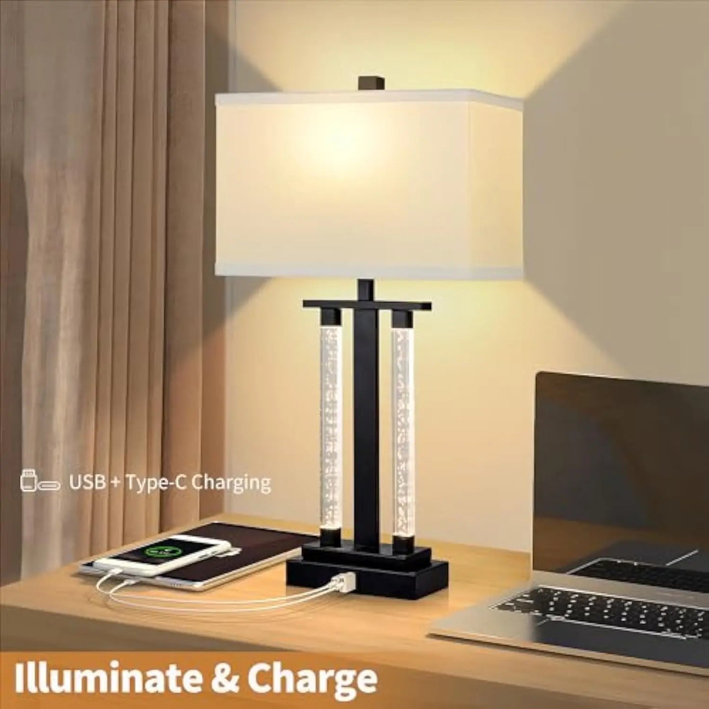 Modern Table Lamps Set of 2, 3 Way Lighting Modes With USB Charging Port