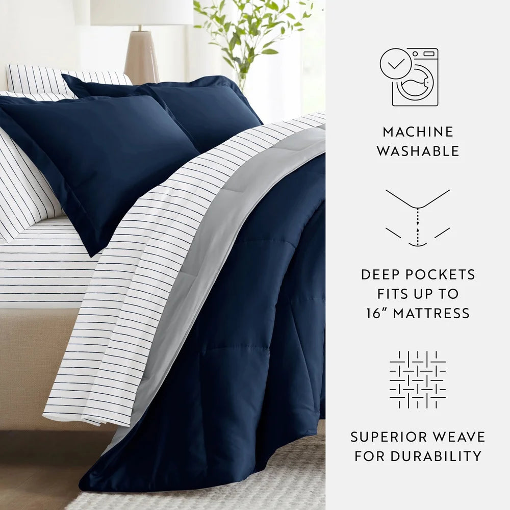 7 Piece Reversible Queen Comforter Set, Patterned Sheets