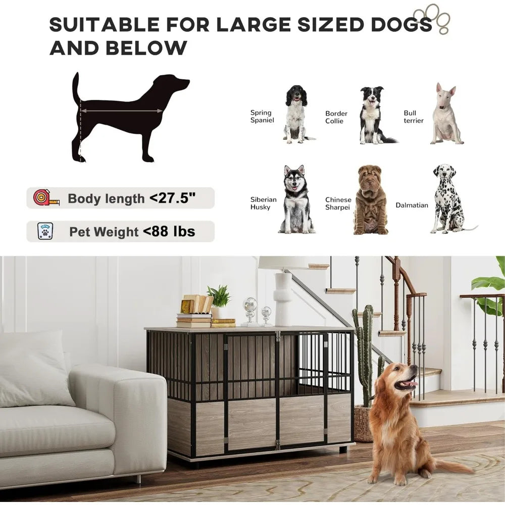 Dog Crate/Table Furniture, 46", Double Doors, Walnut Wood