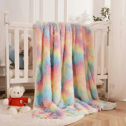 Soft Rainbow Fluffy Plush Blanket for Babies and Kids