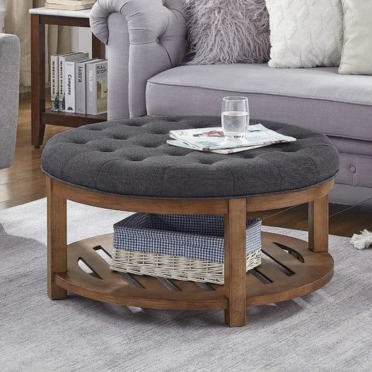 Large Upholstered  Linen Ottoman Coffee Table, Wood Shelf Storage-Charcoal