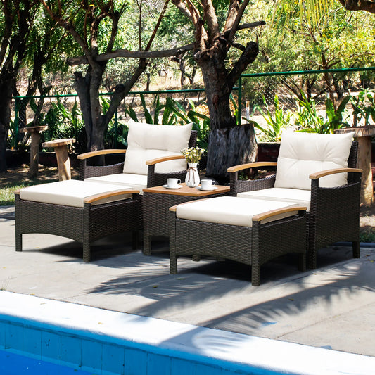 5PCS Patio Rattan Furniture Set Sofa Ottoman Table