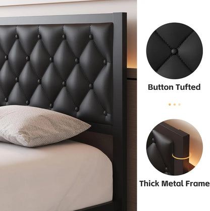 Queen Bed Frame with Leather Upholstered Headboard, Metal Slats