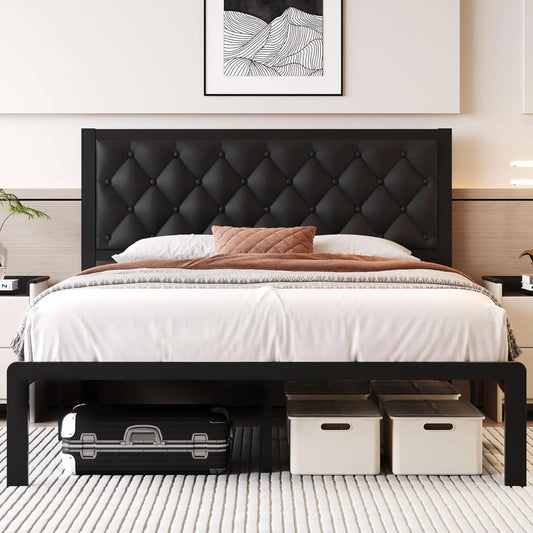 Queen Bed Frame with Leather Upholstered Headboard, Metal Slats