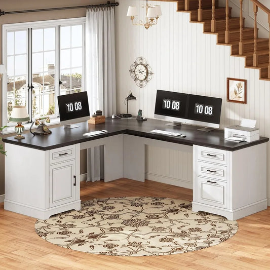 Farmhouse 69" L Shaped Desk, Drawers, Storage & Power Outlet