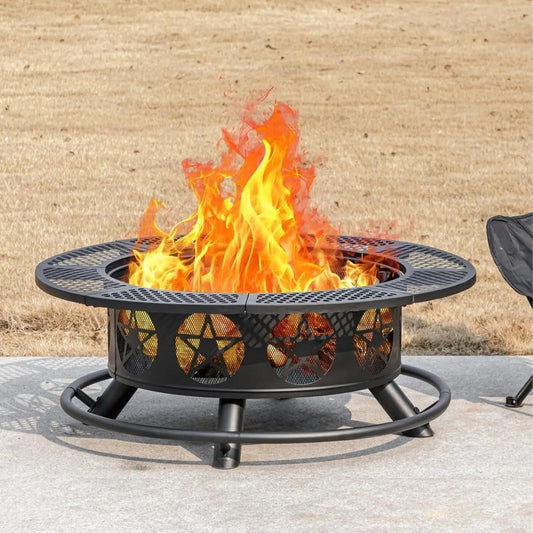 36 Inch Fire Wood Burning Pit with 2 Grills, Lid & Poker